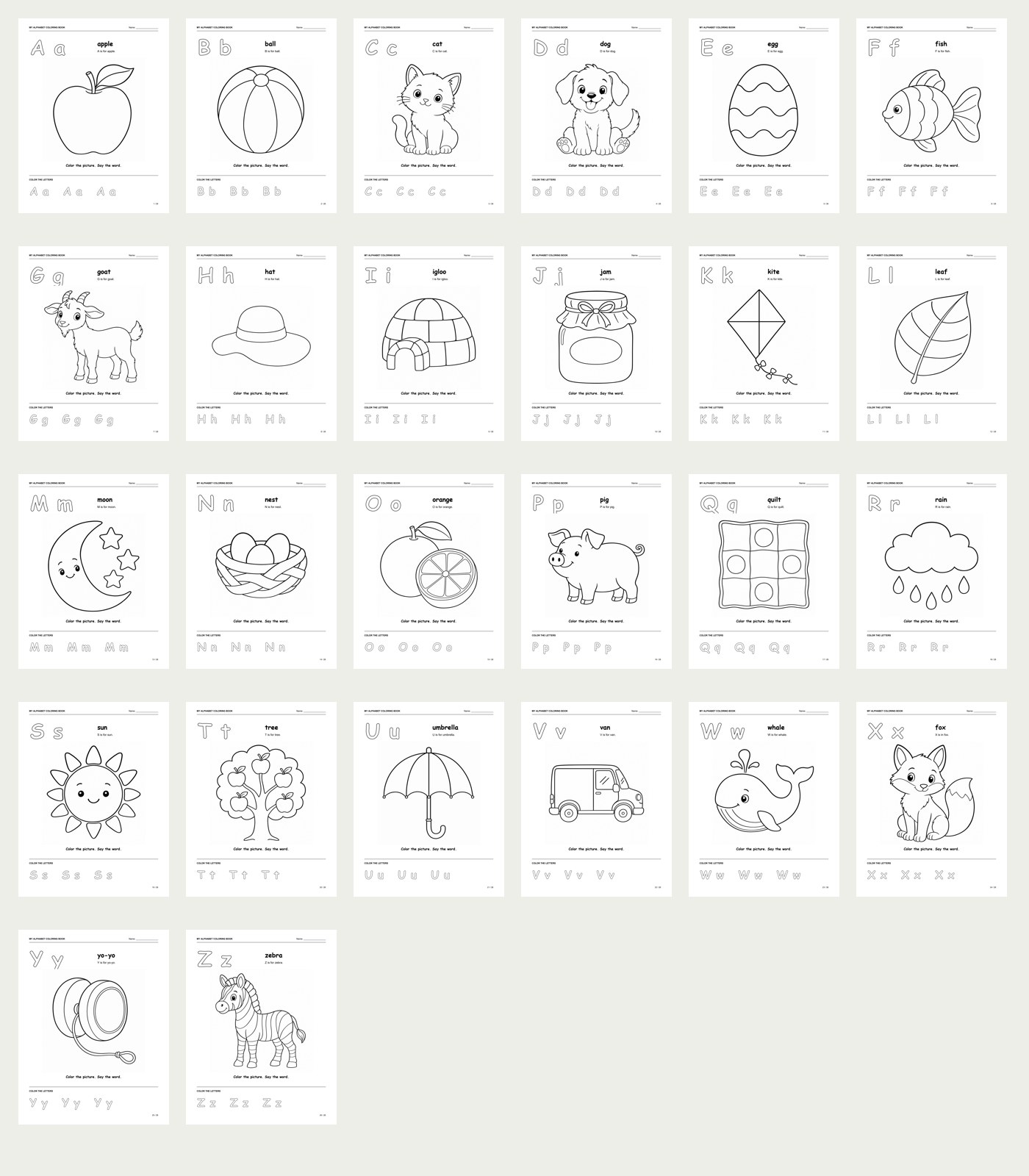 All 26 different A to Z coloring activities included in the printable alphabet pack