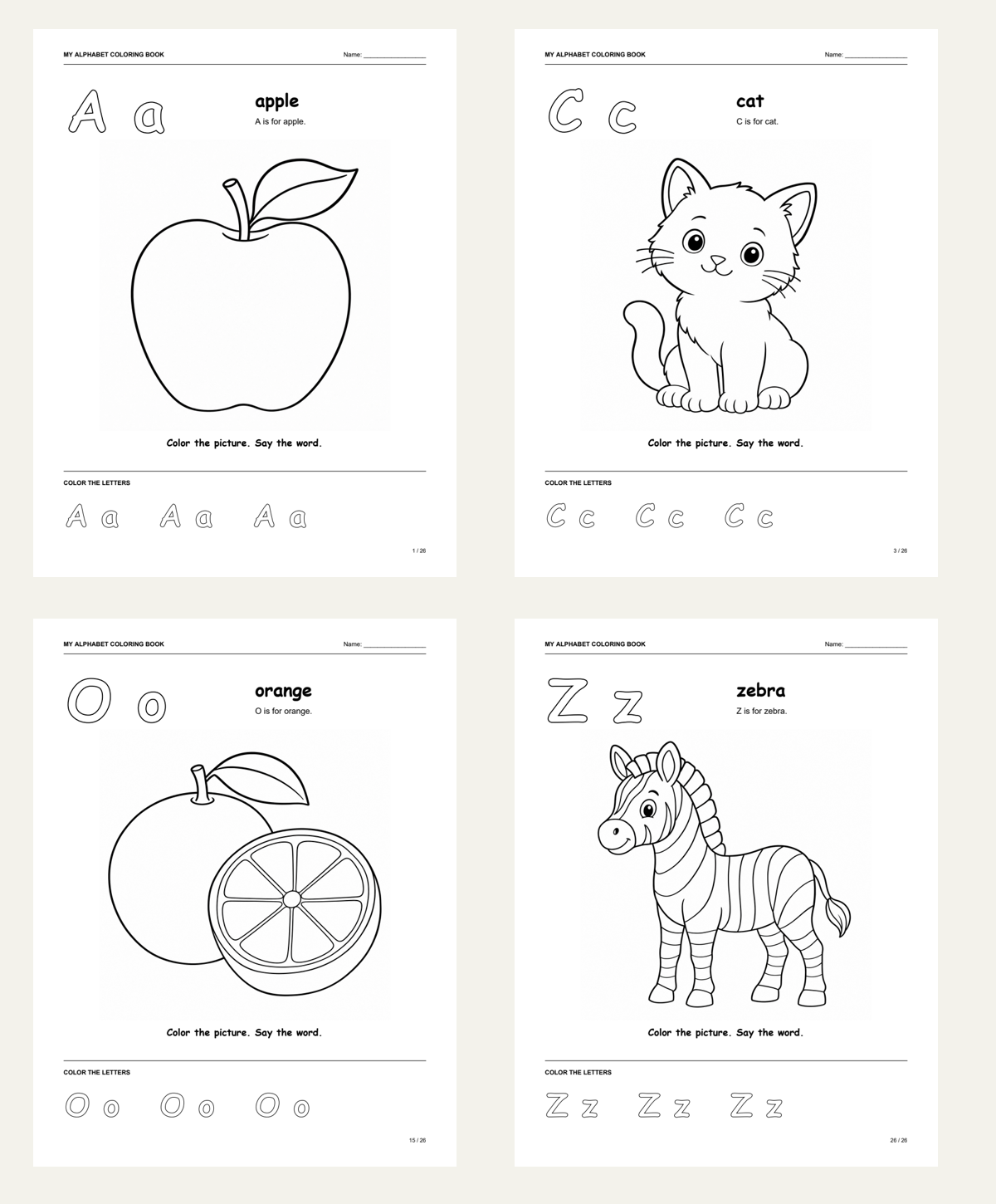 Four actual alphabet coloring pages: apple, cat, orange and zebra