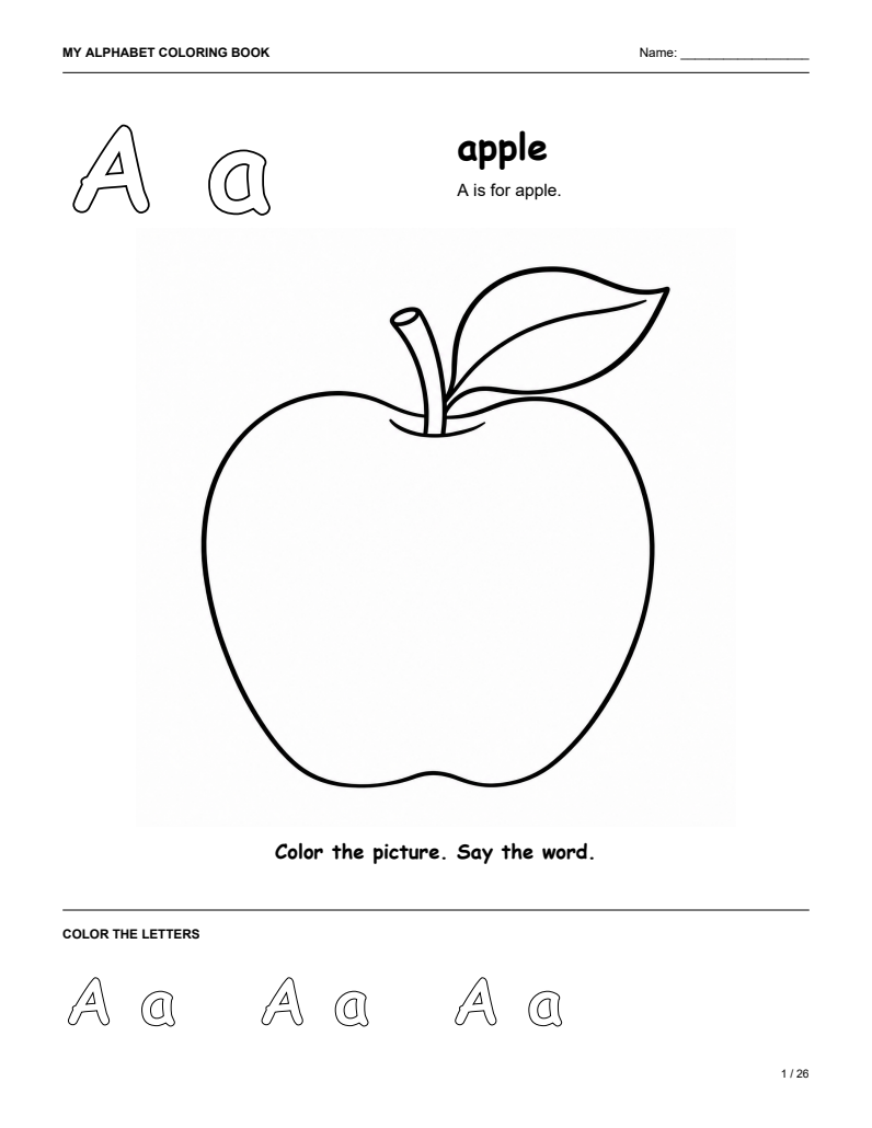 Letter A apple coloring page with uppercase and lowercase letters
