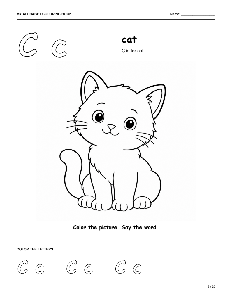 Letter C cat coloring page with uppercase and lowercase letters