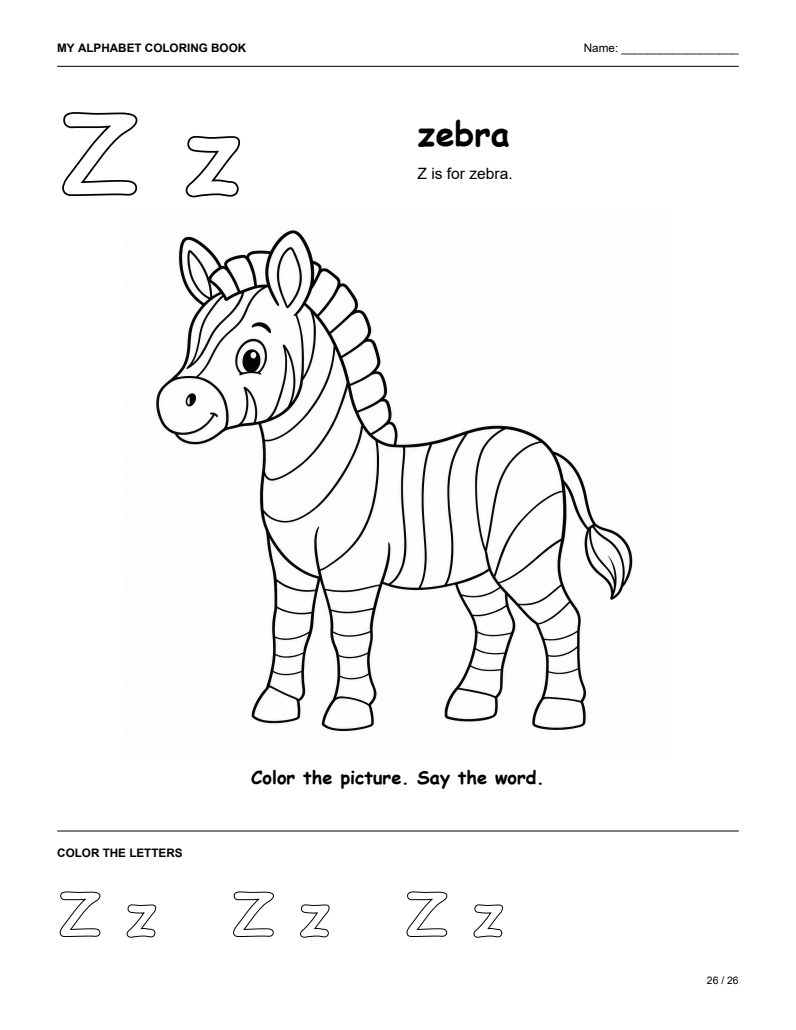 Letter Z zebra coloring page with uppercase and lowercase letters